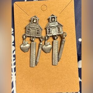 💰School House Teacher Earrings Hanging Ruler Pencil Apple Charms Silver